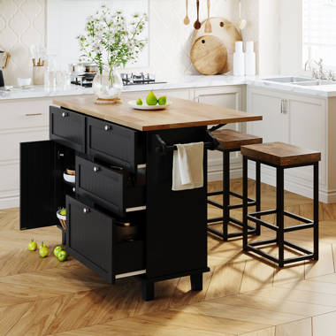 HwoamneT White Kitchen Island with Solid Wood Top Locking Wheels