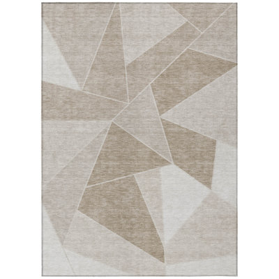 9' X 12' Taupe Brown And Beige Geometric Washable Indoor Outdoor Area Rug