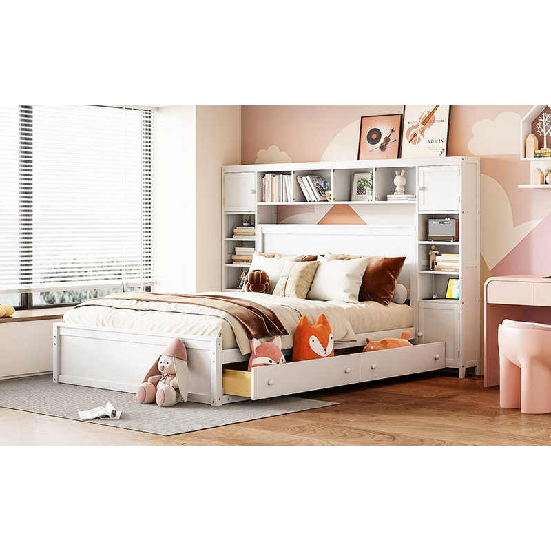 Grand lit avec amplement d'espace de rangement et prises de courant encastrées - 4 tablettes de rangement intégrées, Blanc