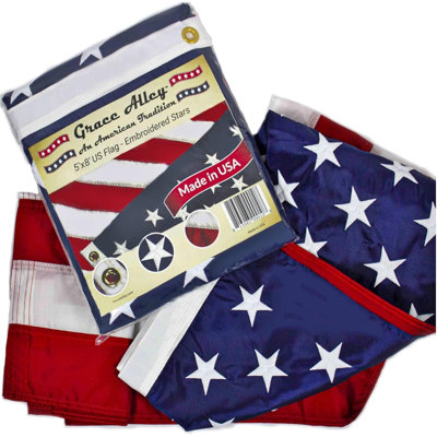 American Flag: 2X3 FT US Flag. Embroidered Stars, Sewn Stripes And Brass Grommets. Fade Resistant, Heavy Duty, Long Lasting Nylon For Outdoor Durability.