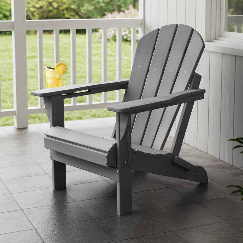 Chaise Adirondack pliable Hayfield en PEHD avec porte-gobelet résistant aux intempéries , Gris