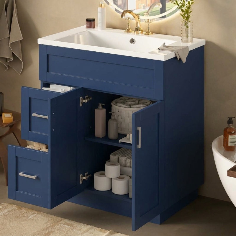 Meuble-lavabo simple de 76 cm (30 po), lavabo en résine, style traditionnel, salle de bain, Blue, Silver