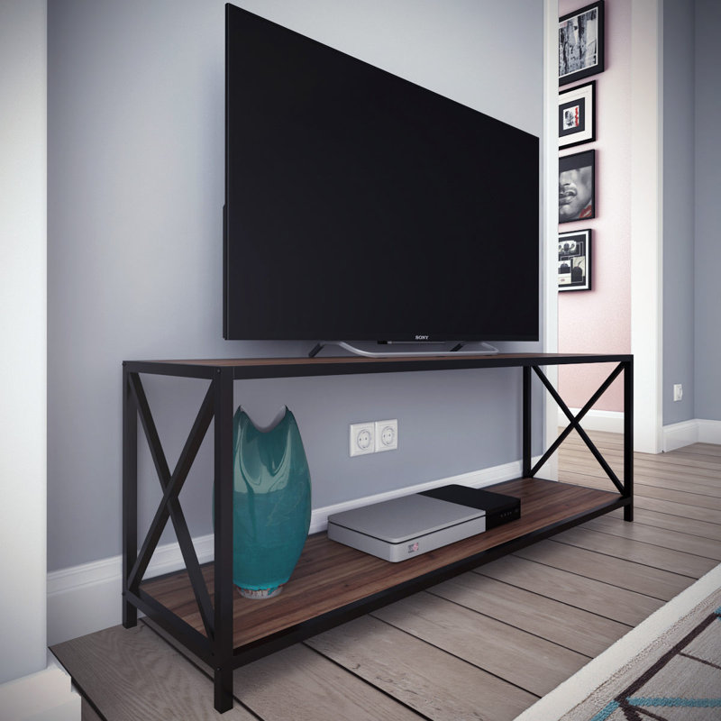 Meuble télé moderne industriel, noyer et noir, 47,2 x 13,0 x 18,0 pouces | 100% panneau de particules enduit de mélamine et structure en métal, épaisseur: 0,7 pouce | Conception élégante et durable pour le salon et les espaces de divertissement