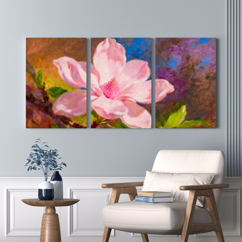 Ensemble de 3 tableaux muraux sur toile tendue représentant des fleurs de magnolia rose, H 18 po x l 36 po