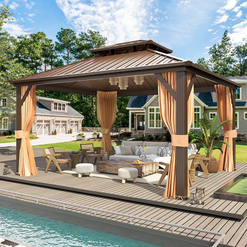 14' W x 12' D Hardtop Gazebo, Double Galvanized Steel Roof & Aluminum Frame for Hot Tub, Deck, Backyard, 14′ W × 12′ D, Brown
