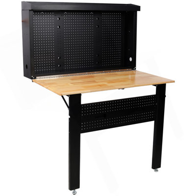 Wall Mounted Workbench, Robust Space-Saving Foldable Workbench With Rubberwood Work Surface, Pegboard For Tools