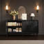 Buffet rustique de style campagnard avec porte à motif soleil symétrique, meuble télé robuste avec étagères réglables, armoire de rangement en bois