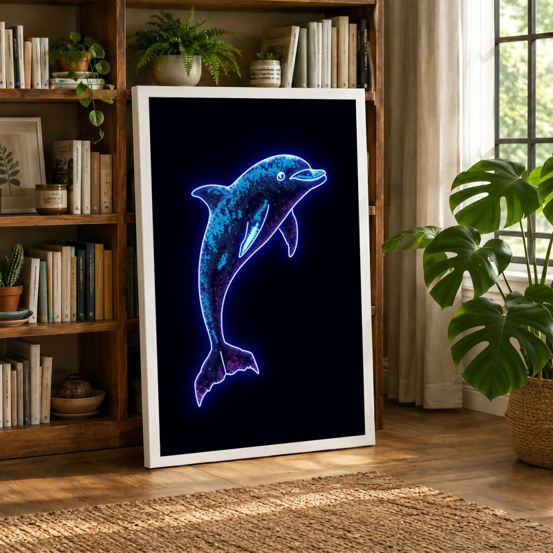 Neon Dolphin Leap Modern 1 Piece Wrapped Canvas Wall Art, 18x12 - 45.7 x 30.5 cm, Teal Border