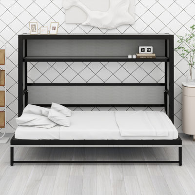 Murphy Bed With Shelves, Metal Wall Bed With Foldable And Space-Saving Design