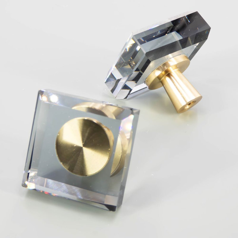 1 3/16" Square Clear Glass Knob, Brushed Brass/Black