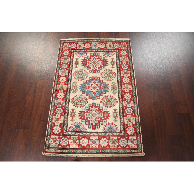 Tapis beige en laine noué à la main de conception unique 2 pi 9 po x 4 pi 1 po