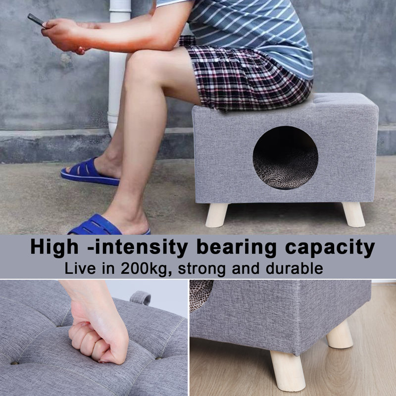 Gray Linen Cat House Bench with Wood Legs and Cushion