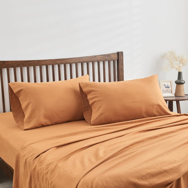 Ensemble de literie en lin belge, Ensemble de draps pour lit simple avec 1 taie d'or, Rust