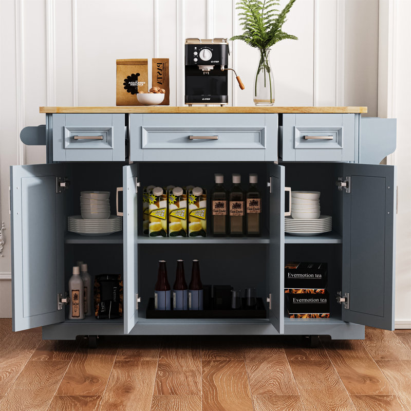 54Inch Large Kitchen Island With Rubber Wood Drop Leaf, Blue