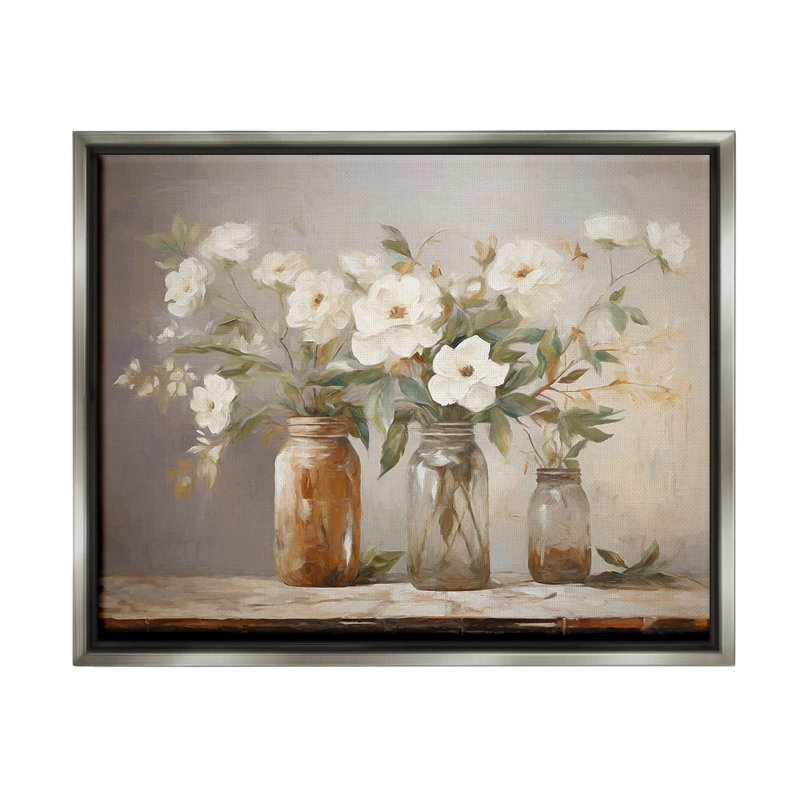 "Vintage Farmhouse Blooms" par Ramona Murdock sur toile, Cadre flottant gris lustré, H 25 po x l 31 po