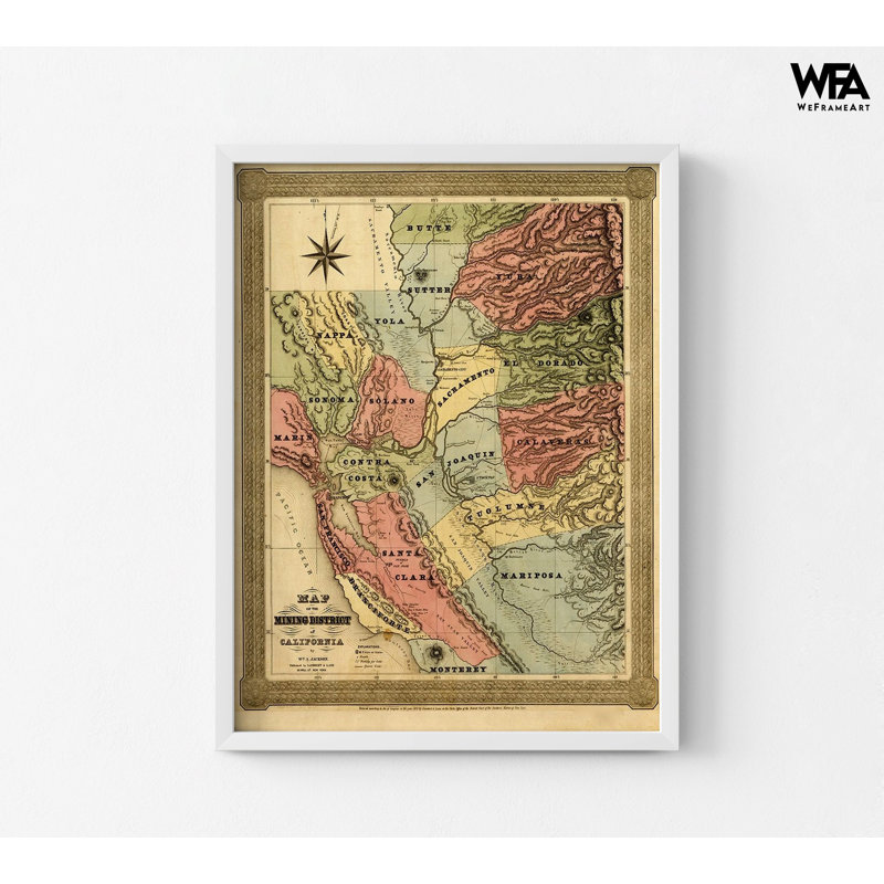 «California Mining District 1851», affiche de l'histoire minière des États-Unis, impression de carte californienne, art de la carte des États-Unis, impression de hall d'entrée de bureau rustique, décor de couloir