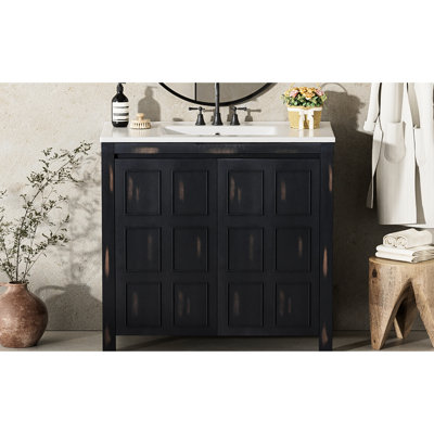 Organisateur de meuble-lavabo 36 po, lavabo en céramique, design rétro, armoire en bois massif, charnières à fermeture en douceur, organisateur de poignées dissimulées, cadre de style, portes, intérieur spacieux