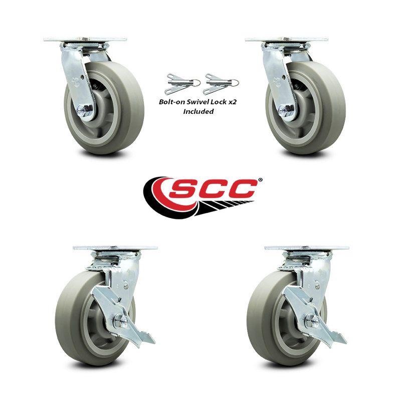 6 Inch Thermoplastic Rubber Caster Set with Ball Bearings 2 Swivel Lock 2 Brake|SCC-30CS620-TPRBF-BSL-2-TLB-2