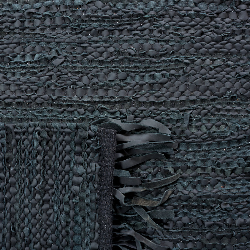 Kyrae Vintage Leather Hand Woven Leather/Cotton Striped Rug in Black/Ivory, Rectangle 5' x 8'