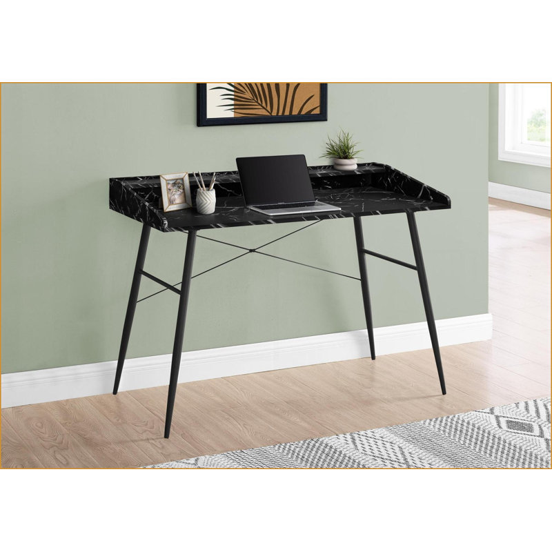 Bureaux, bureau d'ordinateur moderne de L 47,25 po avec tablettes de rangement et amp; Casiers, stratifié en marbre noir, métal noir | Noir | Panneau de particules
