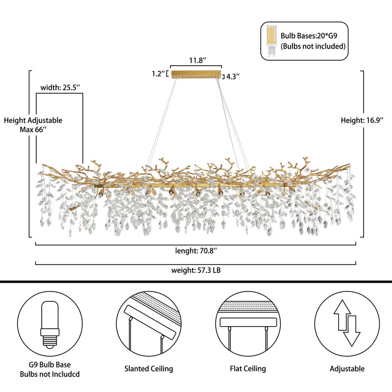 Modern K9 Raindrop Crystal Rectangular Tree Branches Chandeliers, 20, Gold, 17" H x 25" W x 71" D