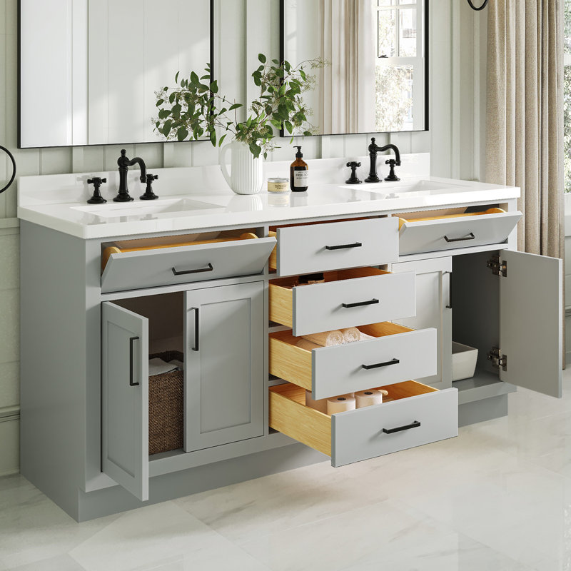 Meuble-lavabo double en bois massif 72 po Tidworth avec plateau en quartz blanc 1,5 po, Forme rectangulaire, Gris