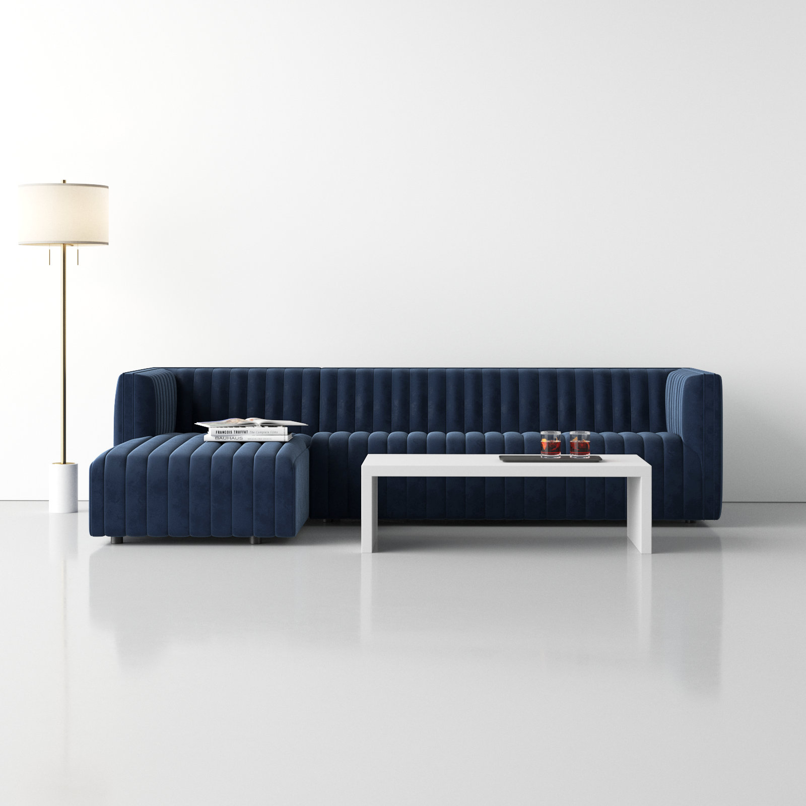 Brandt Upholstered Chaise L-Sectional, Right Hand Facing, Orly Natural Velvet, 26" H X 105" W X 64" D