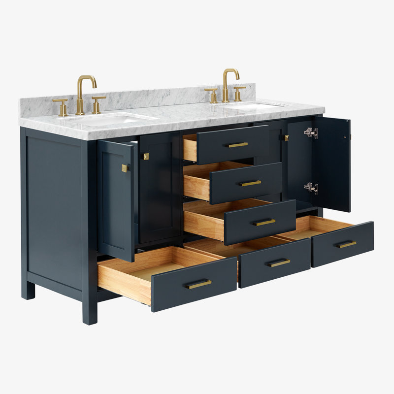 Meuble-lavabo double autoportant de 67 po avec plateau en marbre Cambridge, Bleu minuit / laiton satiné