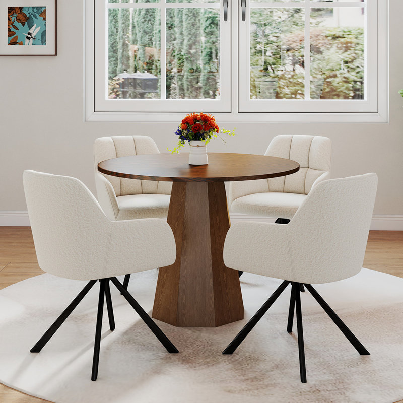 Ensemble de tables de salle à manger rondes de style Mid-Century avec chaises pivotantes, Noyer, 5 pièces: table, 4 chaises