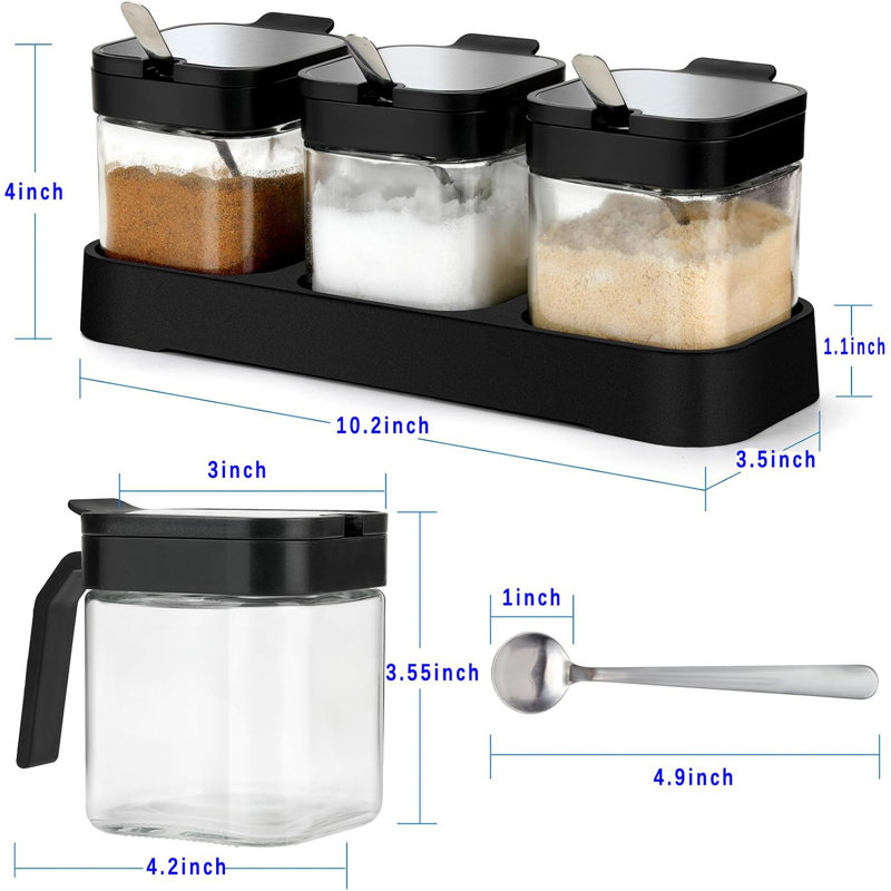 Condiment Jar Spice Container With Lids And Spoons,Clear Glass Condiment Canisters Pots Seasoning Box Salt Container Sugar Bowl Set Of 3 For Kitchen, Counter, Food Storage, Black
