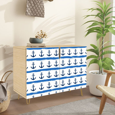 Sideboard Buffet Cabinet with Storage Blue dark ship anchors ink stripes white Cute marine seamless with 2 Doors for Living Room and Kitchen