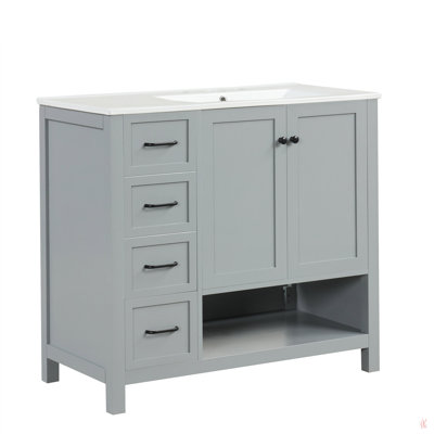 Meuble-lavabo 36 po avec comptoir d'évier, meuble-lavabo avec deux portes et deux tiroirs, bois massif, tablette ouverte, planches en MDF, un paquet