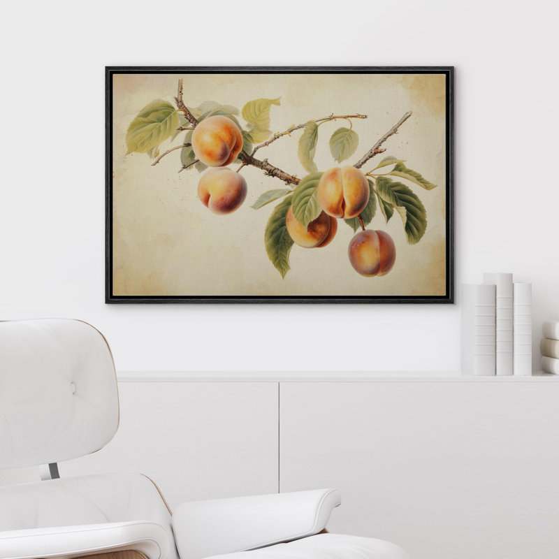 Aliments de cuisine «Print Peach Fruit Watercolor» sur toile, Cadre noir, H 16 po x l 24 po