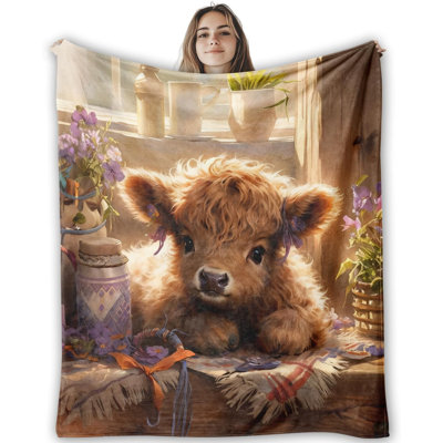 Jeté en molleton Highland Cow 50 po x 60 po, douillette douillette de style campagnard pour lit et chambre à coucher, cadeau pour femme
