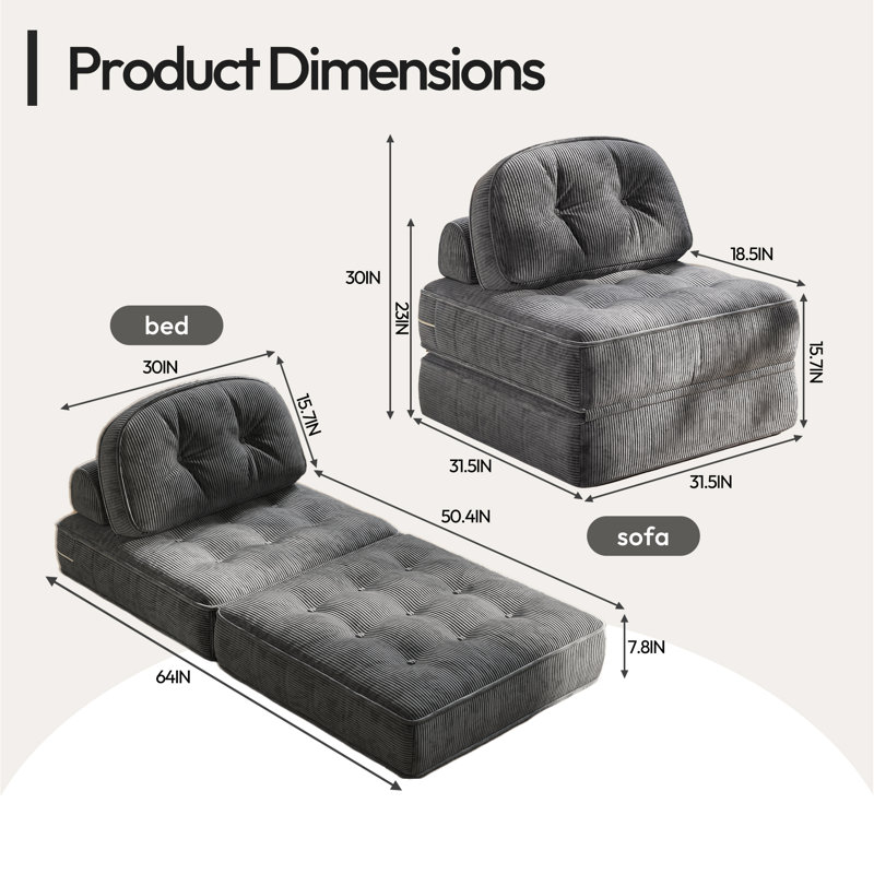 Folding Sofa Bed with Pillow, Convertible Comfy Couch Bed for Adults, Modern Ribbed Design for Apartment Living Room and Bedroom, Single Size