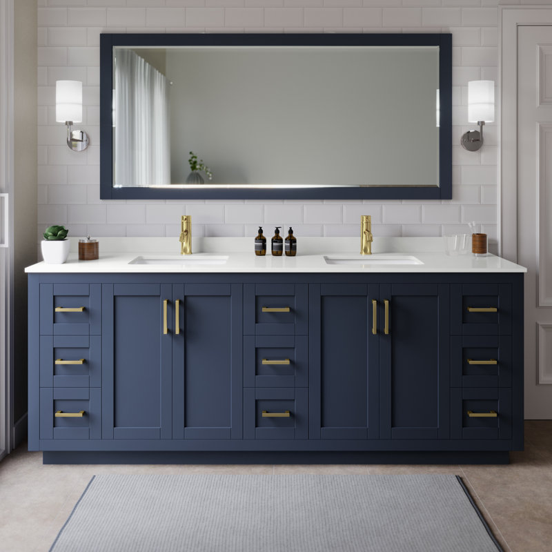 Miranda 84" Freestanding Double Bathroom Vanity with Quartz Top, Dark Blue, White Quartz, Brushed Gold