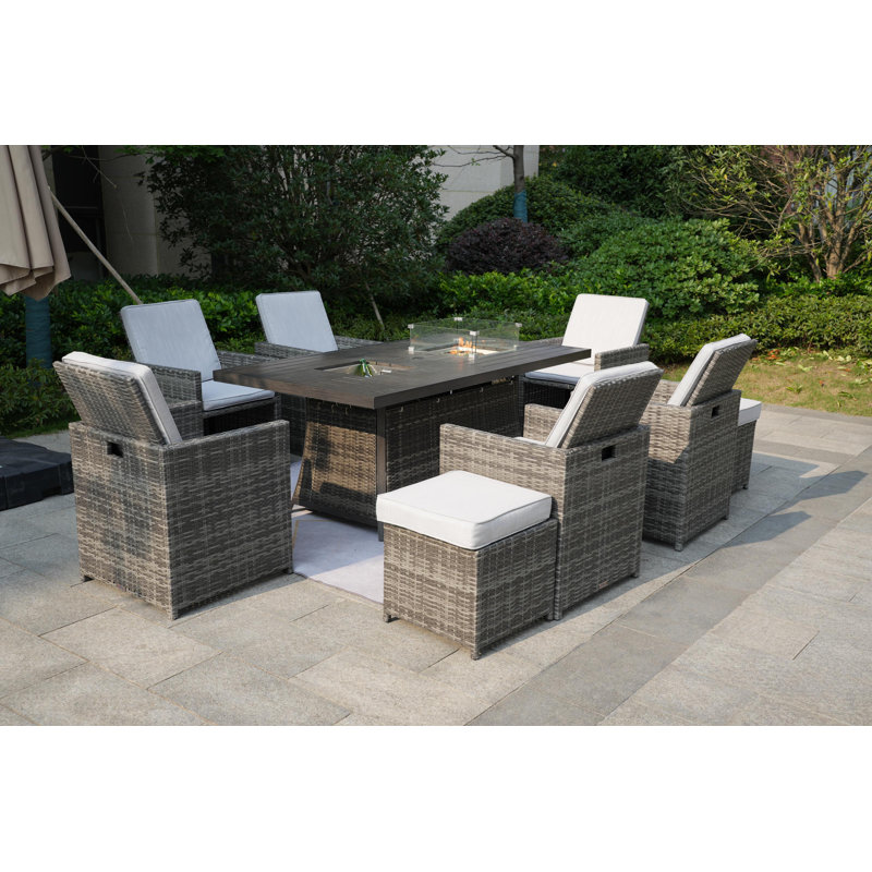 Karen Rectangular 8 - Person 71" Long Fire Pit Table Dining Set With Cushions
