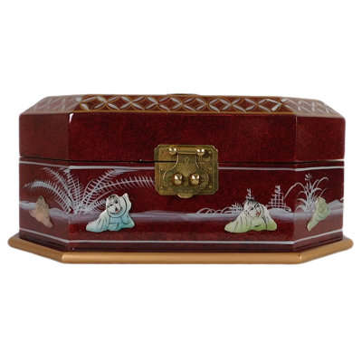 French Red Octagonal Oriental Jewelry Box With Pearl Inlays