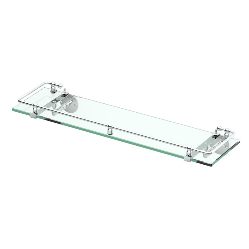 Wall Mount Rectangle Glass Shelf With Solid Brass Rails / Tempered Glass Floating Shelf, Chrome