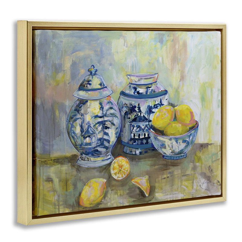 Citrons et poterie, peinture classique encadrée dorée sur toile flottante par Jeanette Vertentes, H 21 po x l 17 po