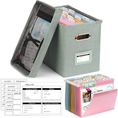 Green File Box K-12 School Memory Storage Box with 15 Hanging File Folders and Classification Labels