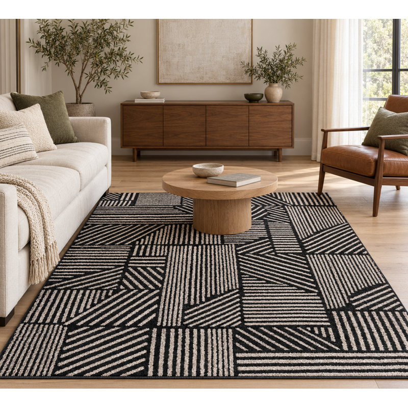 Tapis géométrique noir / ivoire Rambo, Black, Rectangle 5 pi x 7 pi