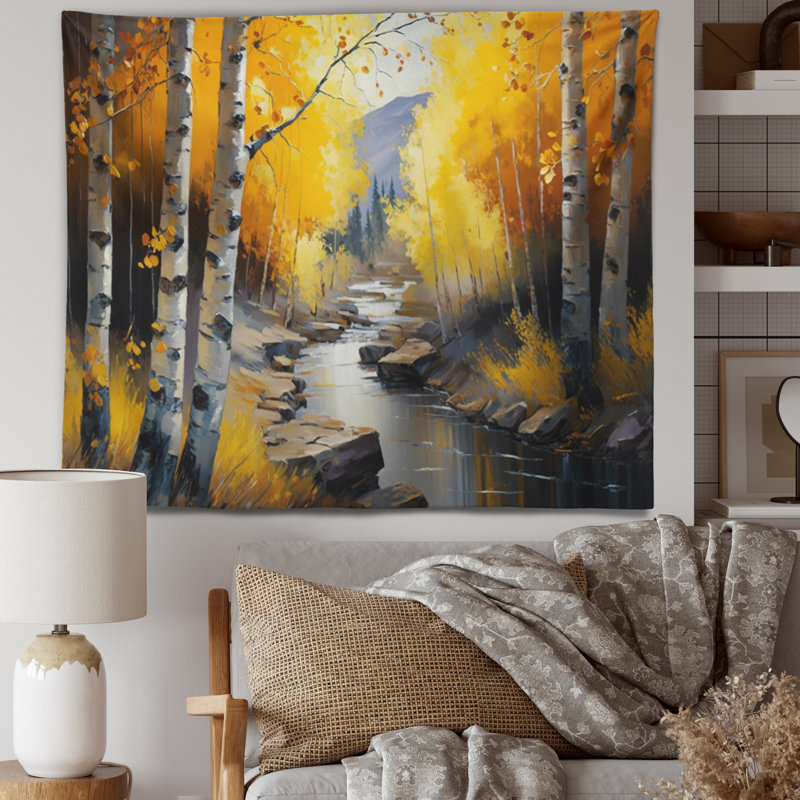 Tapisserie en polyester dans la forêt jaune avec des punaises, H 32 po x l 39 po