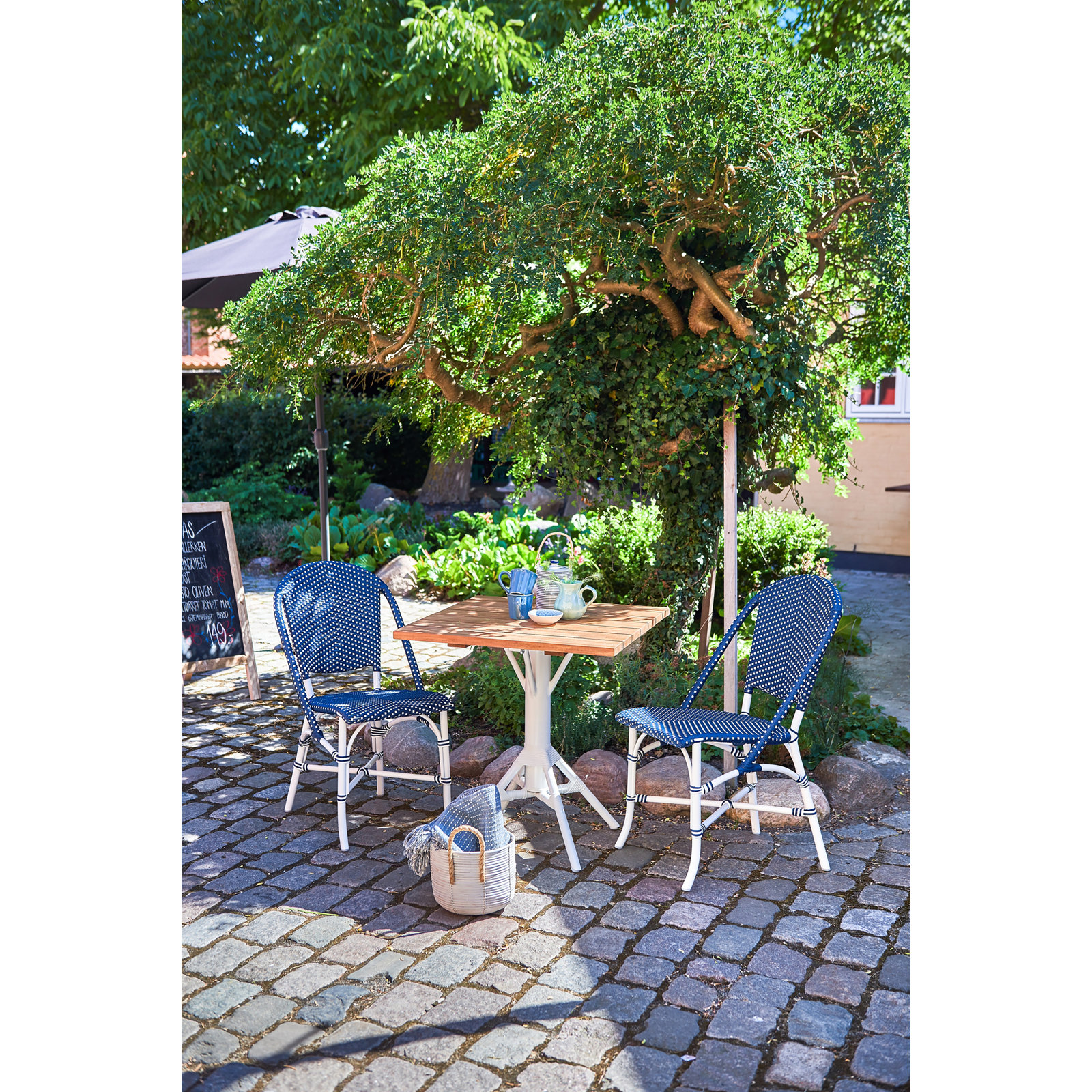 Sofie Stackable Patio Side Chair, Navy with White Dot
