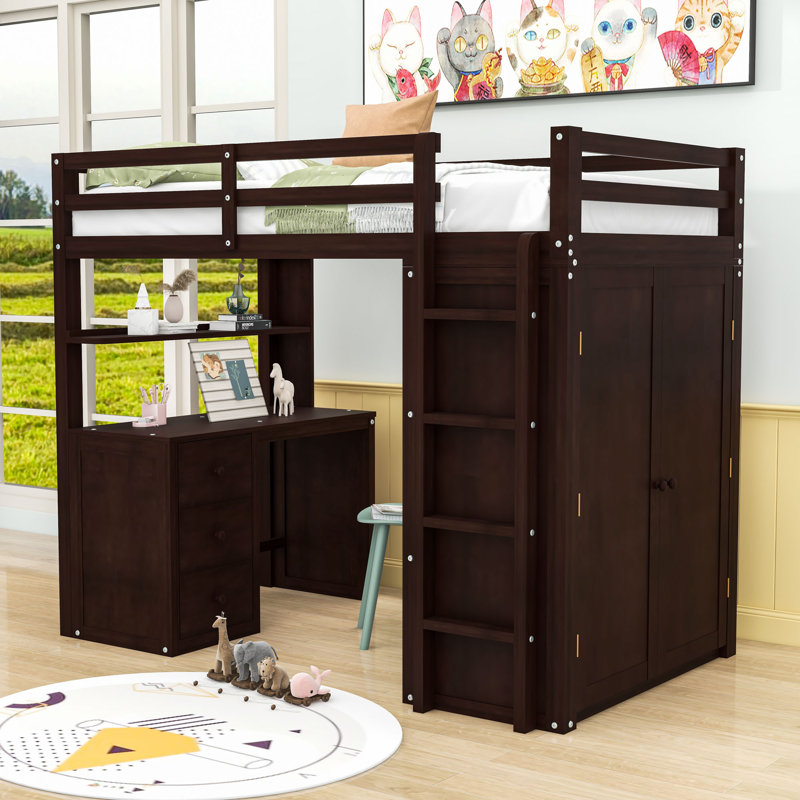 Heathyr Kids Loft Bed with Drawers, Espresso, Twin