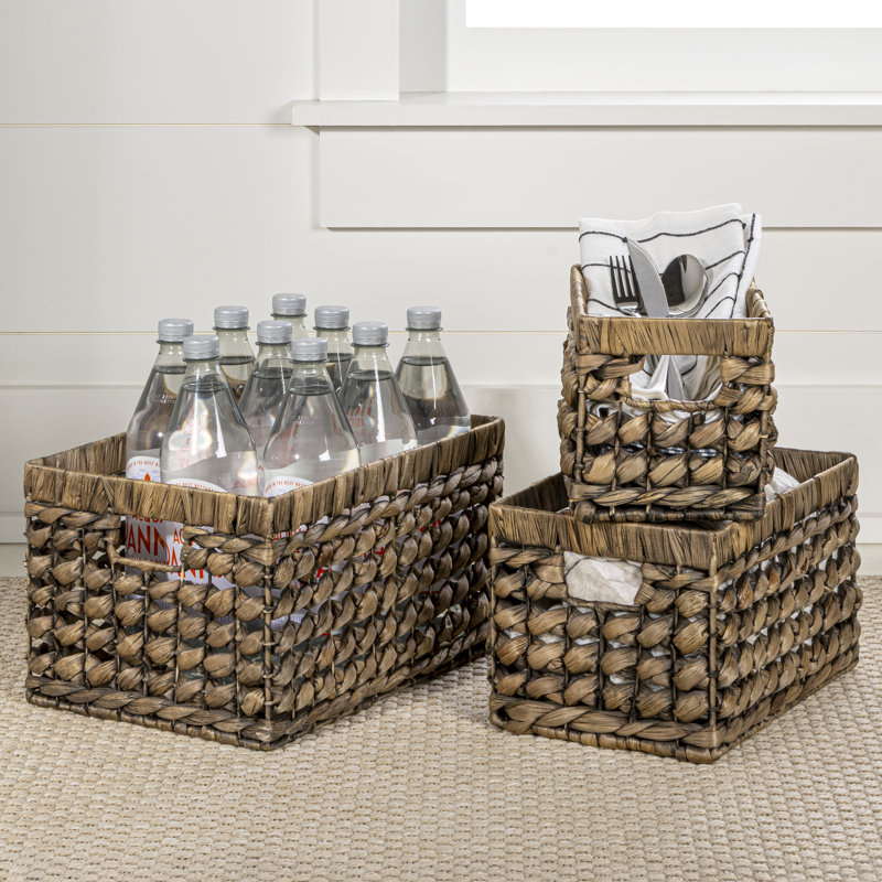 Bushong Bohemian Cottage Handwoven Hyacinth Rectangular Nesting Baskets with Handles (Set of 3), Brown