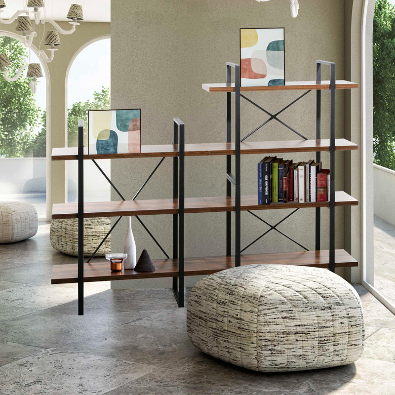 Adjustable Brown 3-Tier Etagere Bookcase with Metal Frame
