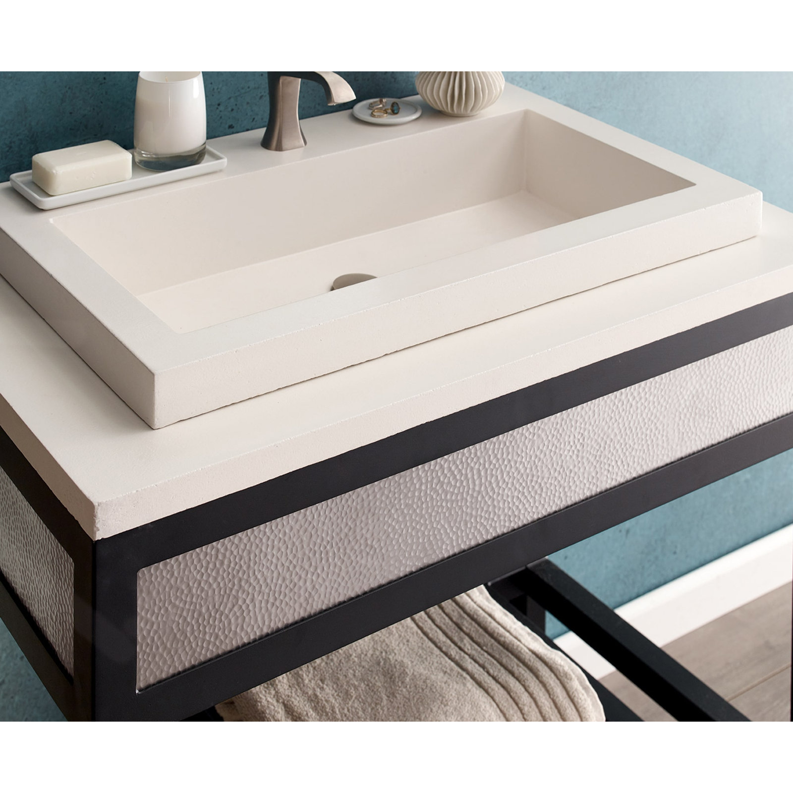 Trough Handmade Rectangular Drop-In Bathroom Sink, Pearl, Single Faucet Hole