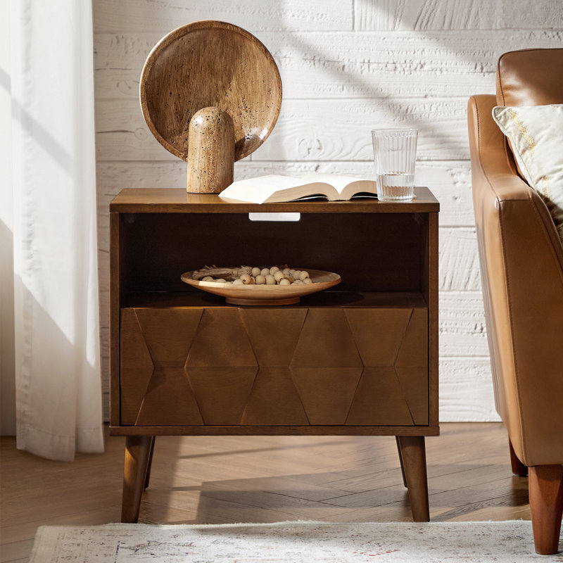 Isabele 24"W Mid-Century Modern Nightstand with Charging Station and Hidden Drawer, Walnut
