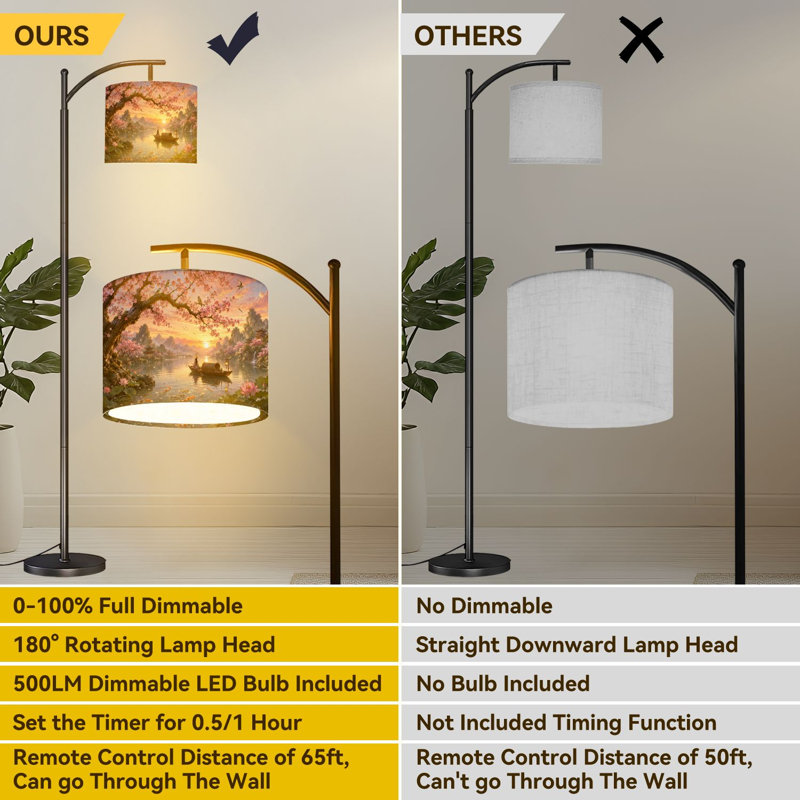  Lampe sur pied Arc Serene Lake Cherry Blossoms Fisherman Boat Sunset